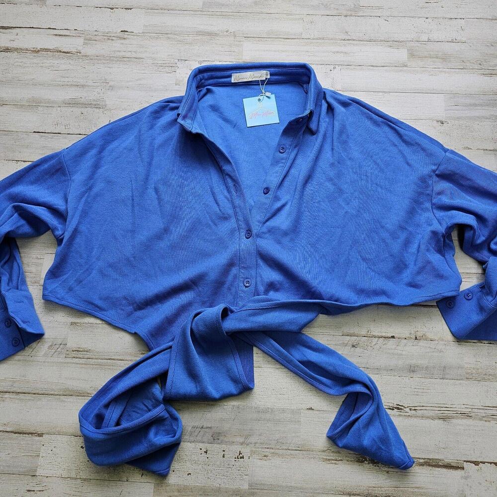 Minaa Monroe Women Top Medium Blue Cotton Blend Long Sleeve Cropped Front Tie